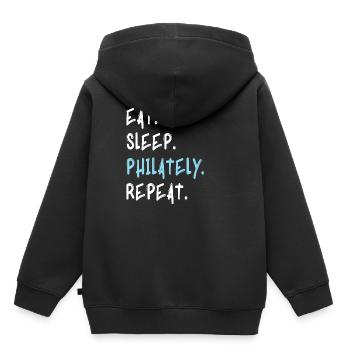 Timbre de collectionneur de cadeaux philatéliques - Sweat Premium à capuche enfant bio - noir - Dos - AI Model Kid Male (0cm)