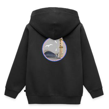 ICON Leuchtturm und Teepott Rostock Warnemünde - Kinder Premium Organic Hoodie - Schwarz - Hinten - AI Model Kid Male (0cm)