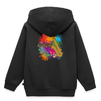 Saxofonsilhouette und Musiknoten auf Farbklecksen - Kinder Premium Organic Hoodie - Schwarz - Hinten - AI Model Kid Male (0cm)