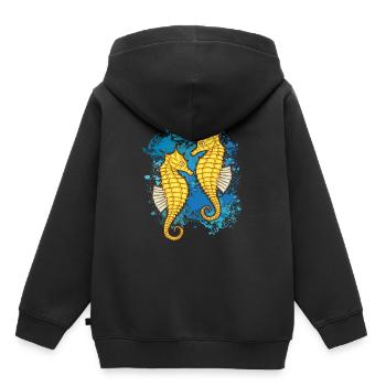 Zwei Seepferdchen auf bunten Farbklecksen - Kinder Premium Organic Hoodie - Schwarz - Hinten - AI Model Kid Male (0cm)