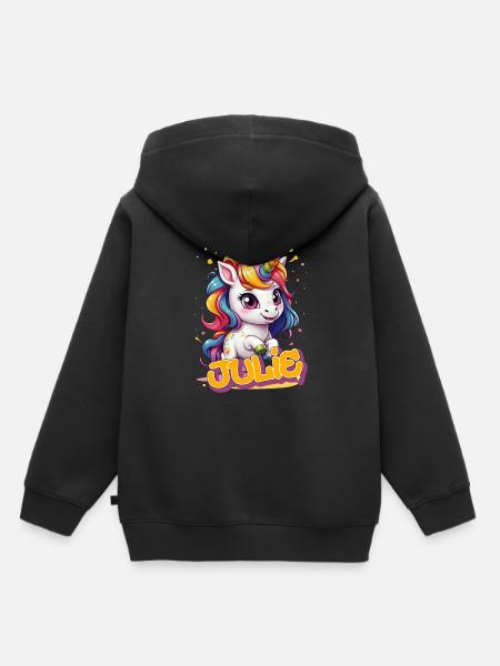 JULIE - Beau prénom de fille avec une jolie licorne - Sweat Premium à capuche enfant bio - noir