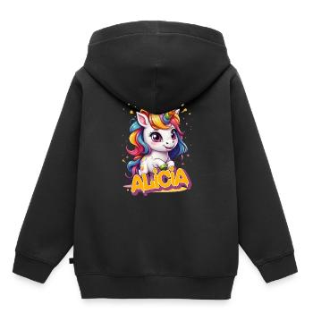 ALICIA - Beau nom de fille avec une licorne mignonne - Sweat Premium à capuche enfant bio - noir - Dos - AI Model Kid Male (0cm)