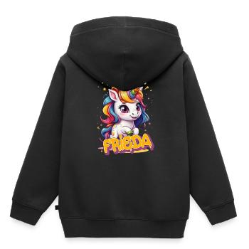 FRIEDA - Beau nom de fille avec une licorne mignonne - Sweat Premium à capuche enfant bio - noir - Dos - AI Model Kid Male (0cm)