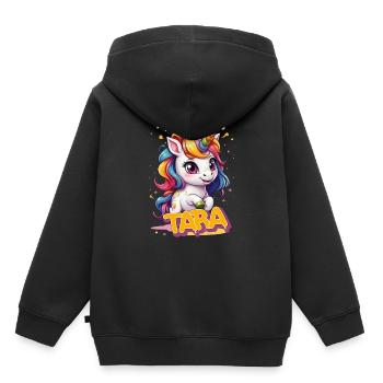 TARA - Beau prénom de fille avec une jolie licorne - Sweat Premium à capuche enfant bio - noir - Dos - AI Model Kid Male (0cm)