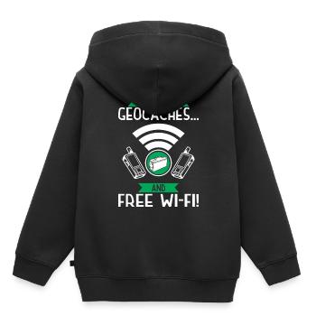 Je freine pour les géocaches... et une connexion Wi-Fi gratuite ! - Sweat Premium à capuche enfant bio - noir - Dos - AI Model Kid Male (0cm)