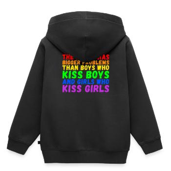 Le monde a de plus gros problèmes que les personnes LGBTQ+ - Sweat Premium à capuche enfant bio - noir - Dos - AI Model Kid Male (0cm)