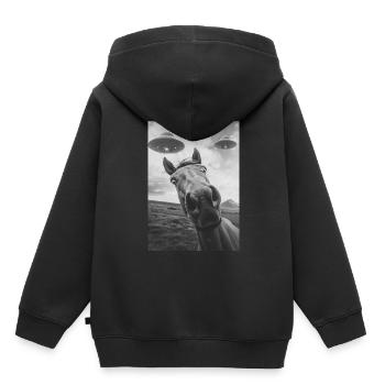 Cheval selfie OVNI - Sweat Premium à capuche enfant bio - noir - Dos - AI Model Kid Male (0cm)