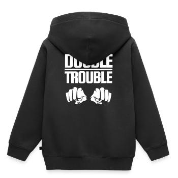 Conception de lettrage "Double Trouble" poings - Sweat Premium à capuche enfant bio - noir - Dos - AI Model Kid Male (0cm)