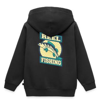 Pêche, poisson, truite, lac lac, bobine, appât, animal - Sweat Premium à capuche enfant bio - noir - Dos - AI Model Kid Male (0cm)