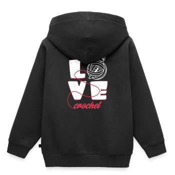 Crochet d'amour | Cadeau d'aiguille de déclaration de typographie - Sweat Premium à capuche enfant bio - noir - Dos - AI Model Kid Male (0cm)