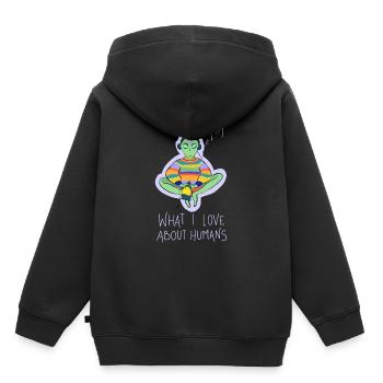 Ce que j’aime dans la conspiration des humains - Sweat Premium à capuche enfant bio - noir - Dos - AI Model Kid Male (0cm)