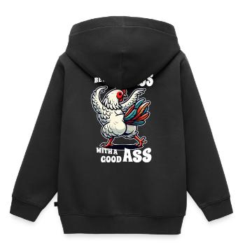 Be a Badass with a Good Ass – Lustiges Huhn Design - Kinder Premium Organic Hoodie - Schwarz - Hinten - AI Model Kid Male (0cm)