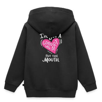 Bon coeur mais Grande bouche Grand coeur Drôle - Sweat Premium à capuche enfant bio - noir - Dos - AI Model Kid Male (0cm)