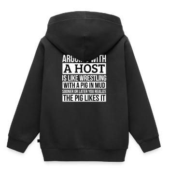 Chemise d'hôte, comme se disputer avec un cochon dans la boue hôte - Sweat Premium à capuche enfant bio - noir - Dos - AI Model Kid Male (0cm)