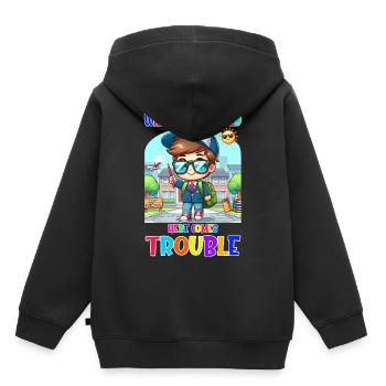 Attention monde - voici les ennuis - Sweat Premium à capuche enfant bio - noir - Dos - AI Model Kid Male (0cm)