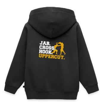 Jab Cross Hook Uppercut Boxe Kick Boxing Cadeau - Sweat Premium à capuche enfant bio - noir - Dos - AI Model Kid Male (0cm)