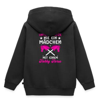 Unterschätze Nie Ein Mädchen Mit Einem Hobby Horse - Kinder Premium Organic Hoodie - Schwarz - Hinten - AI Model Kid Male (0cm)
