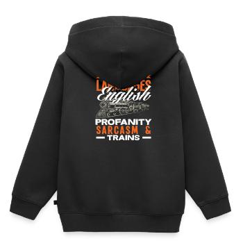 Je parle 4 langues : Anglais, Jureries, - Sweat Premium à capuche enfant bio - noir - Dos - AI Model Kid Male (0cm)