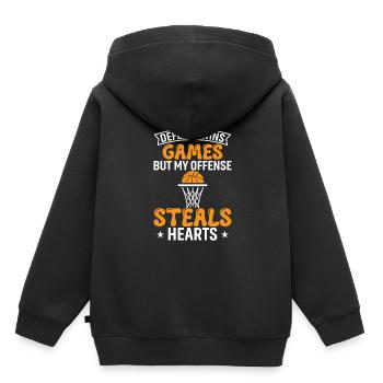 Die Defensive gewinnt Spiele, aber meine Offensive stiehlt Herzen. - Kinder Premium Organic Hoodie - Schwarz - Hinten - AI Model Kid Male (0cm)