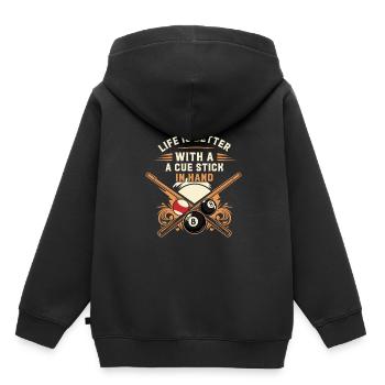 Das Leben ist besser, wenn man einen Queue in der Hand hat. - Kinder Premium Organic Hoodie - Schwarz - Hinten - AI Model Kid Male (0cm)