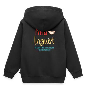 Je suis linguiste Pour gagner du temps, n - Sweat Premium à capuche enfant bio - noir - Dos - AI Model Kid Male (0cm)