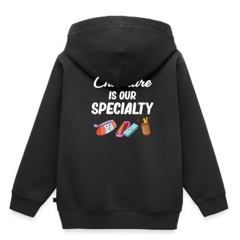 La garde d'enfants est notre garderie spécialisée - Sweat Premium à capuche enfant bio - noir - Dos - AI Model Kid Male (0cm)