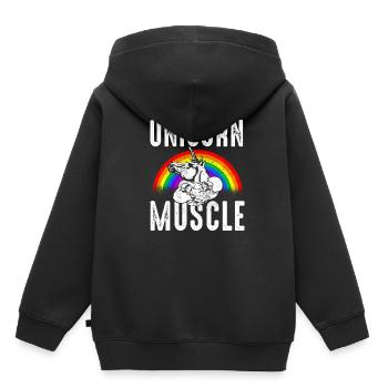 Licorne Muscle - Sweat Premium à capuche enfant bio - noir - Dos - AI Model Kid Male (0cm)