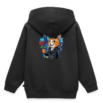 Chat cool avec rose – Offensive de charme ! - Sweat Premium à capuche enfant bio - noir - Dos - AI Model Kid Male (0cm)