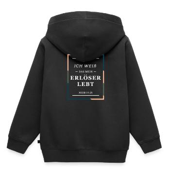 Ich weiß das mein Erlöser lebt. Christlich, Bibel - Kinder Premium Organic Hoodie - Schwarz - Hinten - AI Model Kid Male (0cm)