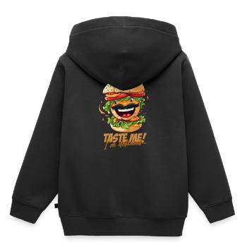 Hamburger amusant avec « Goûtez-moi, je suis délicieux » - Sweat Premium à capuche enfant bio - noir - Dos - AI Model Kid Male (0cm)