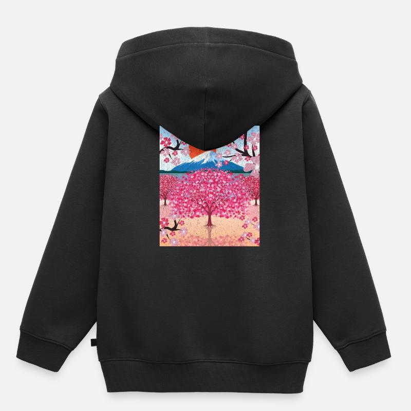 Coucher de soleil Sakura Montagnes Cadeau Fleurs de cerisier - Sweat Premium à capuche enfant bio - noir
