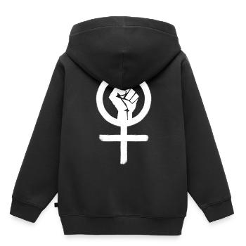 Symbole féministe | Signe de féminité + poing - Sweat Premium à capuche enfant bio - noir - Dos - AI Model Kid Male (0cm)
