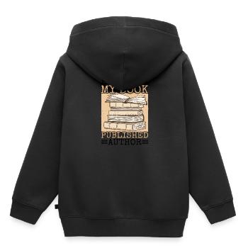 Posez-moi des questions sur mon livre, auteur publié - Sweat Premium à capuche enfant bio - noir - Dos - AI Model Kid Male (0cm)