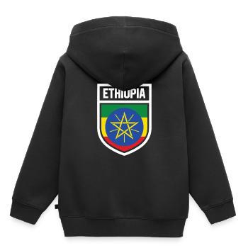Ethiopie - Drapeau national dans les armoiries, Ethiopie - Sweat Premium à capuche enfant bio - noir - Dos - AI Model Kid Male (0cm)