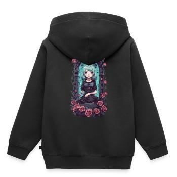 Kawaii Goth Anime Fille Victorien Magique - Sweat Premium à capuche enfant bio - noir - Dos - AI Model Kid Male (0cm)