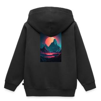 Eine Synthwave Retrowave Sinfonie in den Bergen - Kinder Premium Organic Hoodie - Schwarz - Hinten - AI Model Kid Male (0cm)