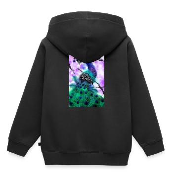 Lino Schnitt von einem Pfau - Kinder Premium Organic Hoodie - Schwarz - Hinten - AI Model Kid Male (0cm)