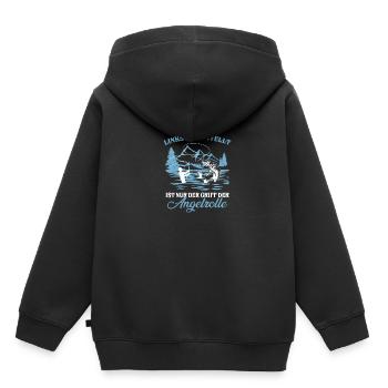 Links eingestellt ist nur der Griff der Angelrolle - Kinder Premium Organic Hoodie - Schwarz - Hinten - AI Model Kid Male (0cm)