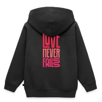 love never fails - Kinder Premium Organic Hoodie - Schwarz - Hinten - AI Model Kid Male (0cm)