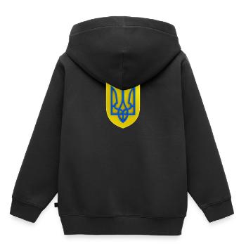 Armoiries de l’Ukraine Trident Gyrfalcon Trident Bleu Jaune - Sweat Premium à capuche enfant bio - noir - Dos - AI Model Kid Male (0cm)