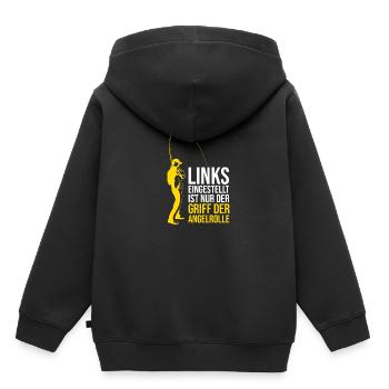 Links eingestellt ist nur der Griff der Angelrolle - Kinder Premium Organic Hoodie - Schwarz - Hinten - AI Model Kid Male (0cm)