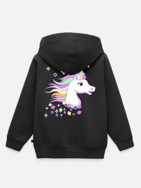 Douce Licorne avec des diamants, des étoiles et de beaux yeux - Sweat Premium à capuche enfant bio - noir