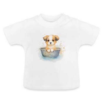 Baby Hund nimmt ein Bad, handgemalt - Wasserfarben - Baby Bio-T-Shirt mit Rundhals - Weiß - Vorne