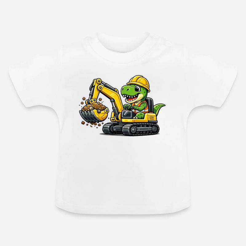 Süßer Dino Baggerfahrer - Baby Bio-T-Shirt mit Rundhals - Weiß