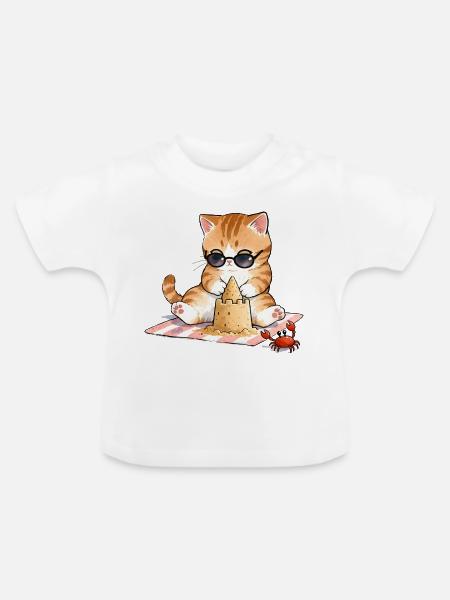 😸 🏖 Katze am Strand mit Sandburg - Baby Bio-T-Shirt mit Rundhals - Weiß