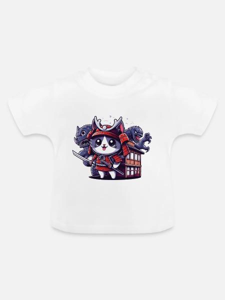 Samurai-Ninja-Katze hinter Monster und Dojo - Baby Bio-T-Shirt mit Rundhals - Weiß