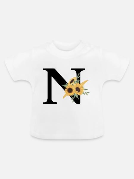 Buchstabe n blumige Sonnenblume - Baby Bio-T-Shirt mit Rundhals - Weiß