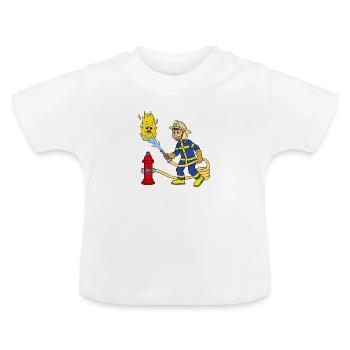 Firefighter extinguishes fire - drawing for children - Baby Organic T-Shirt with Round Neck - white - Front