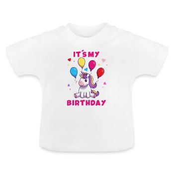 Einhorn It´s my birthday - Regenbogen Bunt Ballons - Baby Bio-T-Shirt mit Rundhals - Weiß - Vorne