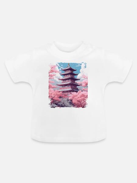 Kirschblüten-Sakura-Baum in einer Tempel-Dampfwelle - Baby Bio-T-Shirt mit Rundhals - Weiß